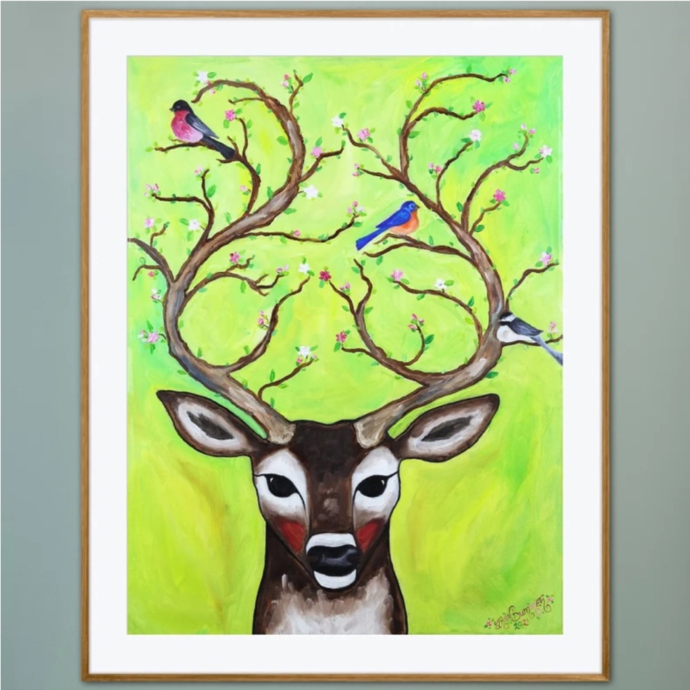 The Budding Buck Art Print Oil Painting Deer Tree Branch Flowers Birds Whimsical